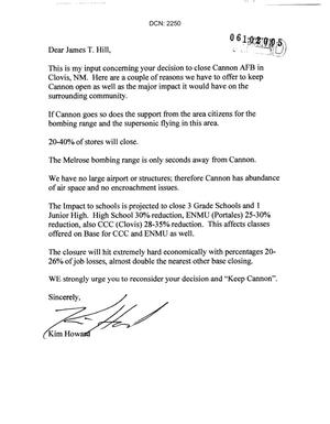 Letters from Kim Howard to Commission concerning the closure of Cannon AFB