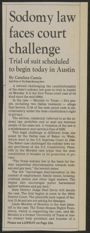 [Clipping: Sodomy law faces court challenge: Trial of suit scheduled to begin today in Austin]