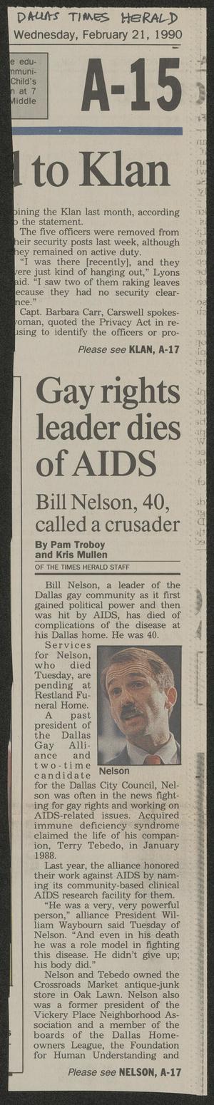Primary view of object titled '[Clipping: Gay rights leader dies of AIDS: Bill Nelson, 40, called a crusader]'.