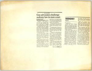 Primary view of object titled '[Clipping: Gay advocates challenge sodomy law in state court]'.