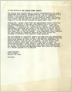 Primary view of object titled '[Letter from Linda Mitchell to editor of the Dallas Times Herald, 1985]'.