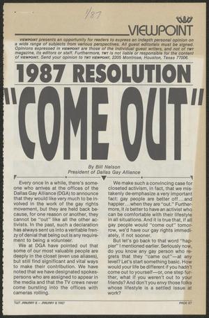 Primary view of object titled '[Clipping: 1987 Resolution "Come Out"]'.