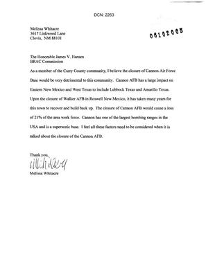Letters from Sharon Hicks to Commission concerning the closure of Cannon AFB