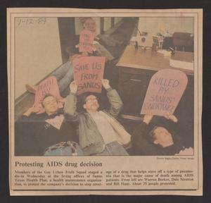 Primary view of object titled '[Clipping: Protesting AIDS drug decision]'.