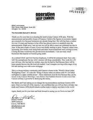 Letters from Dennis Chalker to Commission concerning the closure of Cannon AFB