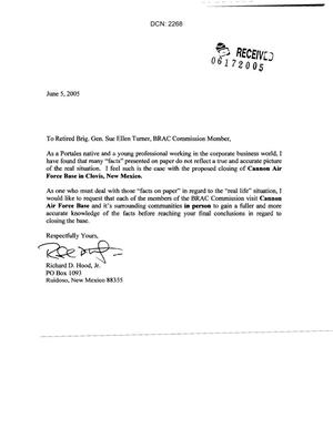 Letters from Richard D. Hood, Jr. to Commission concerning the closure of Cannon AFB