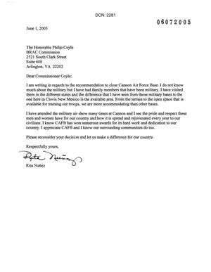 Letters from Rita Nunez to Commission concerning the closure of Cannon AFB