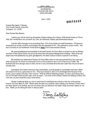 Letters from Nancy Saltzburg to Commission concerning the closure of Cannon AFB