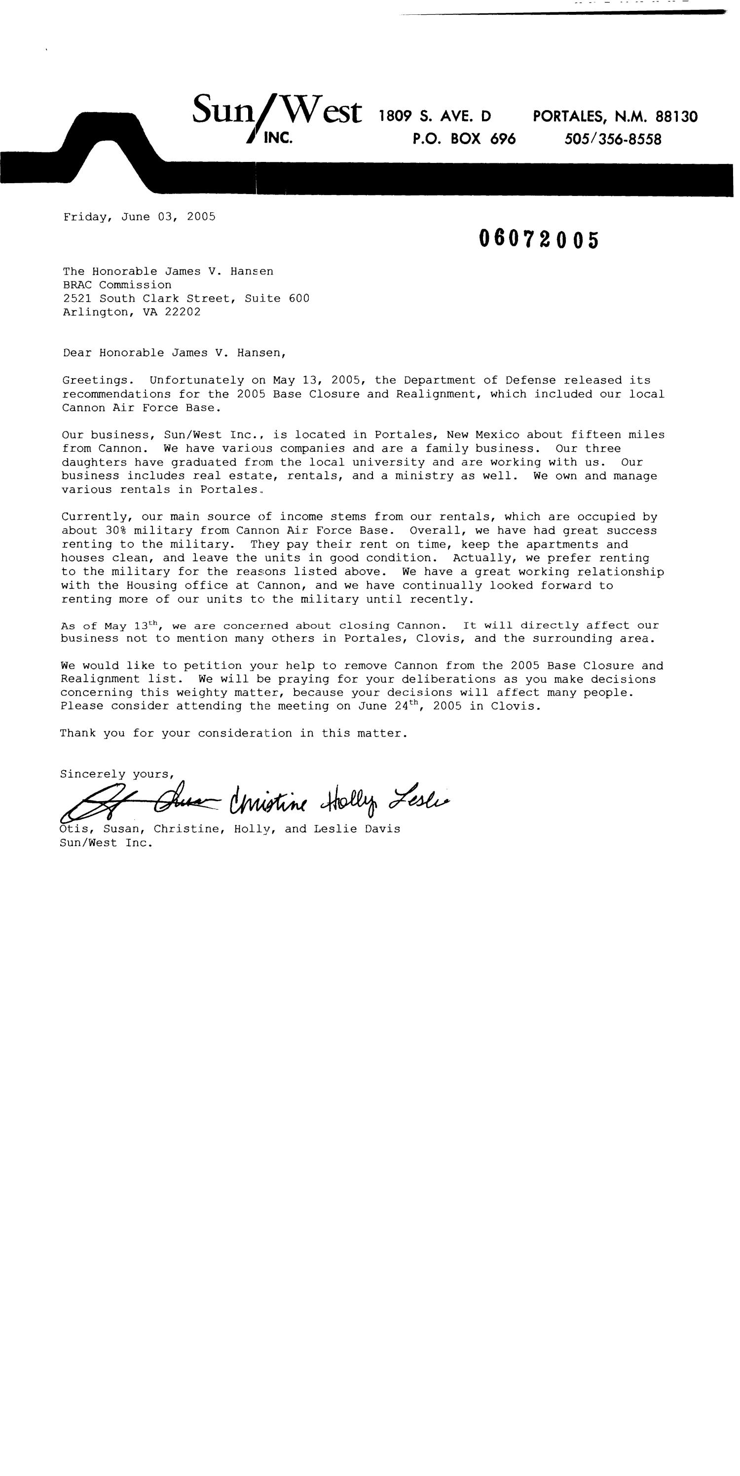 Letters from Sun/West Inc. to Commission concerning the closure of Cannon AFB
                                                
                                                    [Sequence #]: 3 of 9
                                                