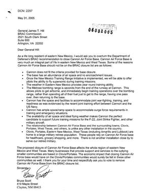 Letters Bruce Scott to Commission concerning the closure of Cannon AFB