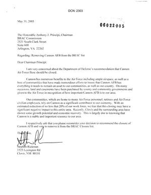 Letters from Stephen Rickman to Commission concerning the closure of Cannon AFB