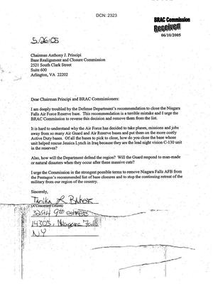 Letters from Citizens to Commission Concerning the Closure of Niagra Falls NJ Bases