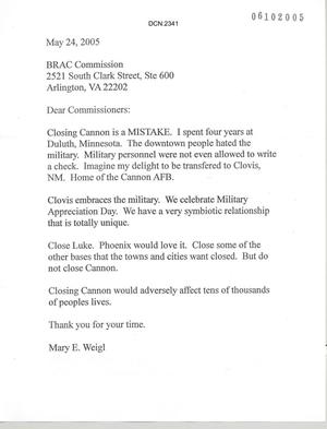 Letters from Mary E. Weigel to Commission regarding Cannon AFB