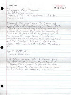 Letter from Vincent Bowers to Commission regarding Cannon AFB