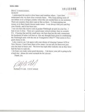 Letter from Richard H Link to Commission Regarding Reserve Unit at Pittsburgh Airport