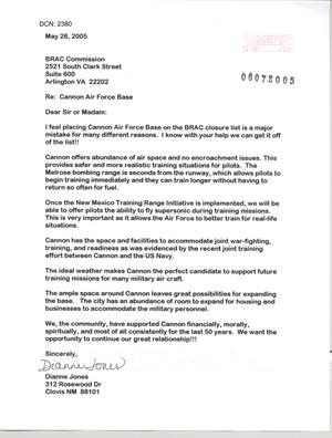 Letter from Dianne Jones to Commission regarding Cannon AFB