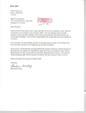 Letter from Barbara Woolsey to Commission regarding Cannon AFB