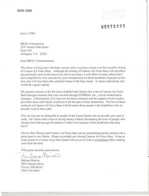 Letter from  Barbara Marion to Commission regarding Closure of Cannon AFB