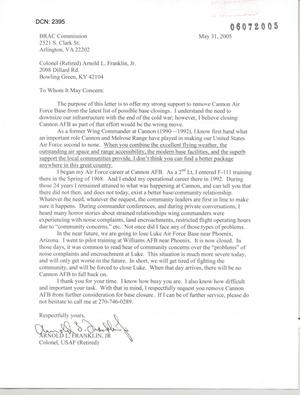 Letter from  Arnold Franklin, Jr. to Commission regarding Closure of Cannon AFB