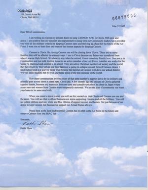 Letter from  Kathi Shaw to Commission regarding Closure of Cannon AFB
