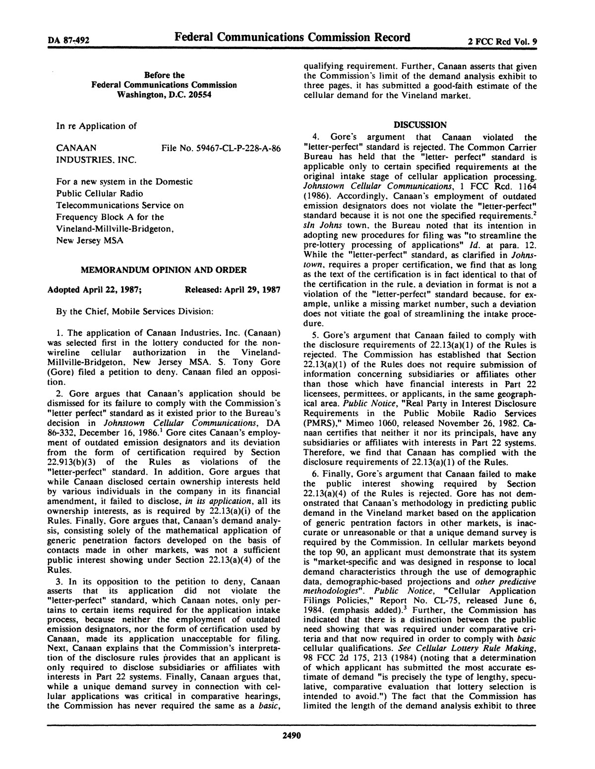 FCC Record, Volume 2, No. 9, Pages 2437 to 2750, April 27 - May 8, 1987
                                                
                                                    2490
                                                