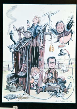 [Photograph of a caricature drawing of Don Harris, Jim Baker, and Dick Yaws]