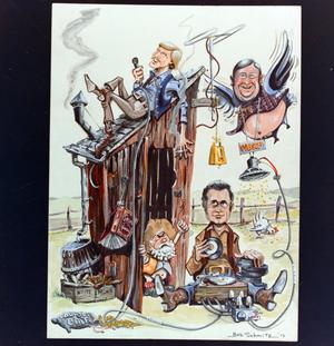 [Photograph of a caricature drawing of Don Harris, Jim Baker, and Dick Yaws by an outhouse, 7]