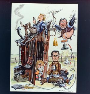 [Photograph of a caricature drawing of Don Harris, Jim Baker, and Dick Yaws by an outhouse, 6]