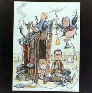 [Photograph of a caricature drawing of Don Harris, Jim Baker, and Dick Yaws by an outhouse, 8]