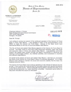 Letter from New Mexico State Rep Patricia A. Lundstrom dtd 15JUN05