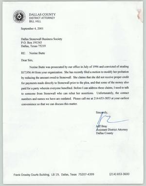 [Letter from Jeff Bray, September 4, 2001]