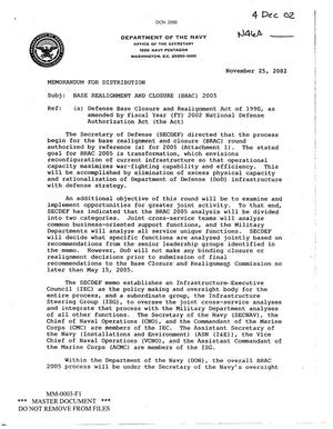 Memorandum for Distribution: Defense Base Closure and Realignment Act of 1990, as amended by Fiscal Year 2002 National Defense Authorization Act