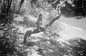 [Photograph of a woman in a tree]