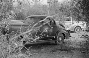 [Photograph of two automobiles in a wooded area]