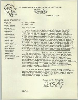 Primary view of object titled '[Letter from Curtis King to Louie White, March 21, 1978]'.