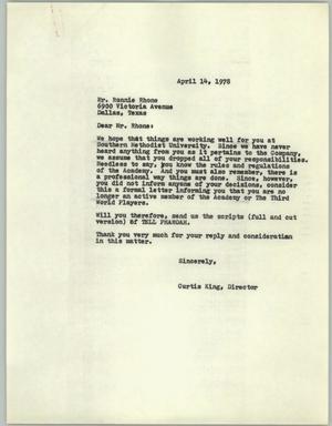 Primary view of object titled '[Letter from Curtis King to Ronnie Rhone, April 14, 1978]'.