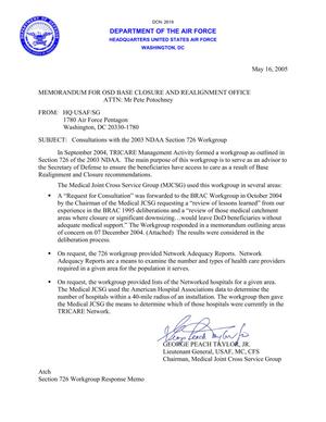 MEMORANDUM FOR OSD BASE CLOSURE AND REALIGNMENT OFFICE From HQ USAF/SG Regarding Consultations with the 2003 NDAA Section 726 Workgroup