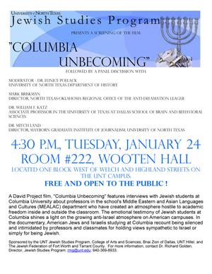 [Flier for "Columbia Unbecoming" film screening at UNT]