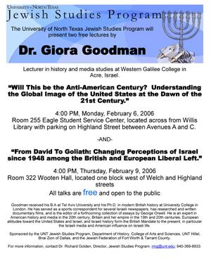 [Flier for two lectures presented by the Jewish Studies Program at UNT]