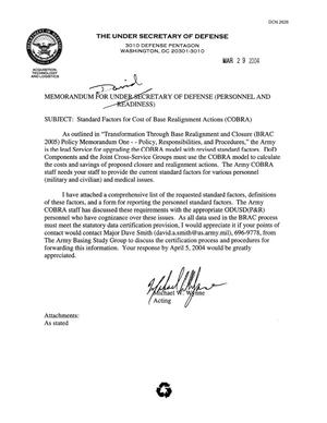 Memo for Undersecretary of Defense Request to Personnel and Readiness for Standard Factors