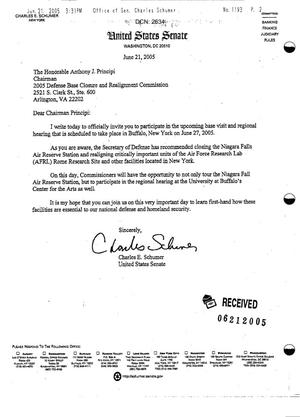 Letters from New York Senator Charles E. Schumer to Chairman Principi and the Commission Members dtd 21JUN05