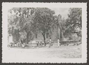 [Photograph of a picnic area under some trees]