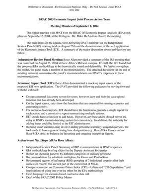 BRAC 2005 Economic Impact Joint Process Action Team Meeting Minutes of September 2, 2004