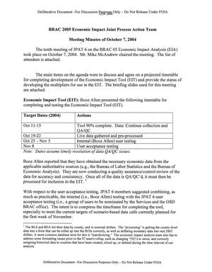 BRAC 2005 Economic Impact Joint Process Action Team Meeting Minutes of October 7,2004