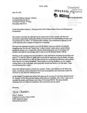 Letter from Elisa C. Benson to Chairman Principi and the Commission dtd 20JUN05