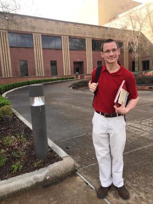 [Eric Larsen outside the Moores School of Music at the University of Houston]