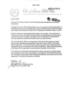 Letter from Mayor of Seven Hills, Ohio David A. Bentkowski to General Newton dtd 15JUN05