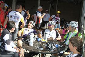 [Riders relaxing inside the second LSRFA pit-stop]