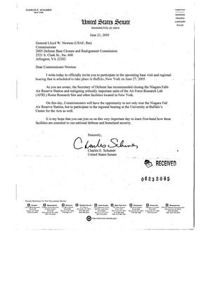 Letter from Senator Charles Schumer (NY) to General Newton dtd 21JUN05