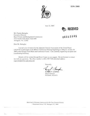 Letter from Major General Lempke of the Adjutants General Association to Charles Battaglia dtd 22JUN05